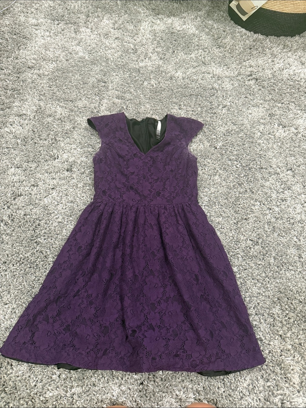 Purple Lace Cap-Sleeve Fit-and-Flare Dress